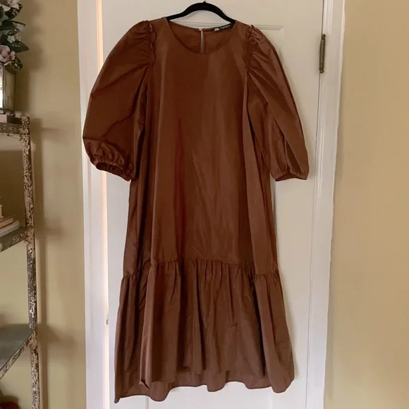 zara brown taffeta dress Zara Brown Flare Mini Dress